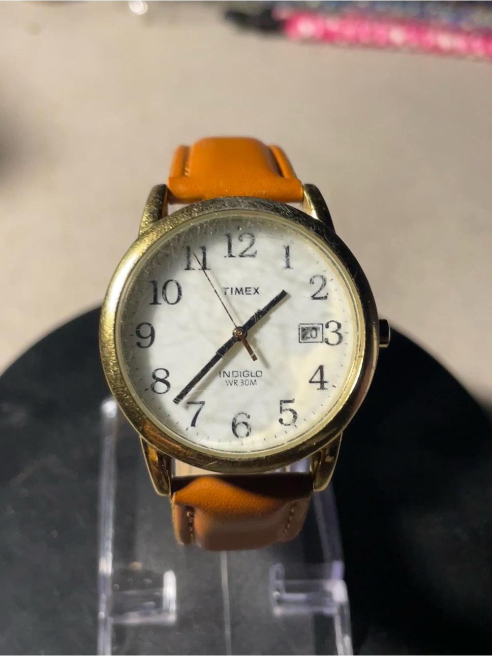 Timex Men's Gold Case Watch with Orange Leather Strap
